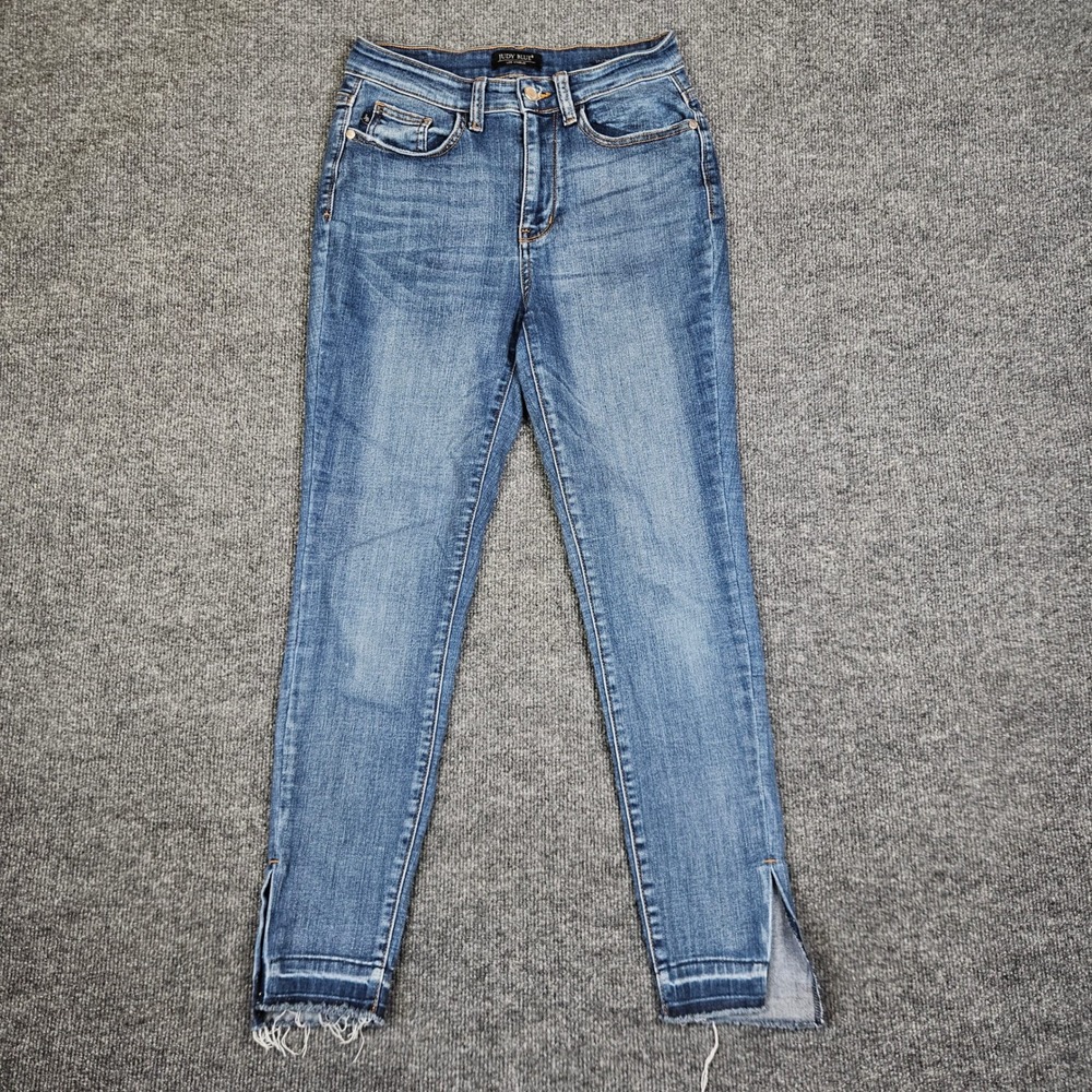 Judy Blue Skinny Jeans Women's 3/ 26 High Rise Blue Distressed Raw Hem Side Slit